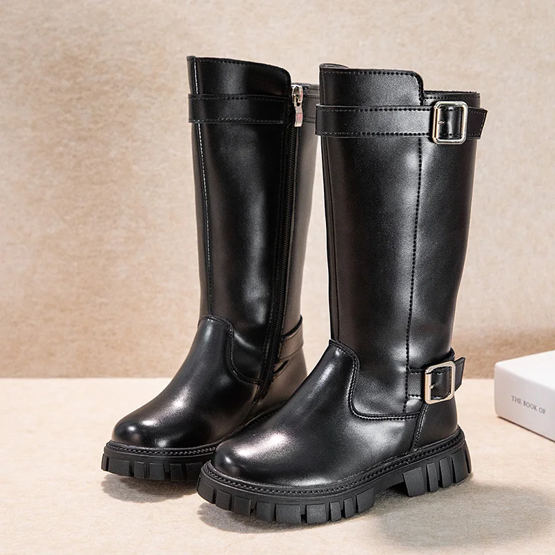 Bottes hautes en PU noir pour femme antidérapantes fermeture éclair latérale boucle métallique style moderne c