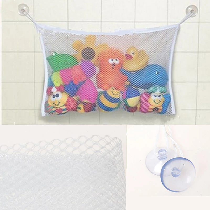 Filet de rangement pour jouets de bain bébé mesh aéré fixation murale corde ajustable blanc 45x35cm