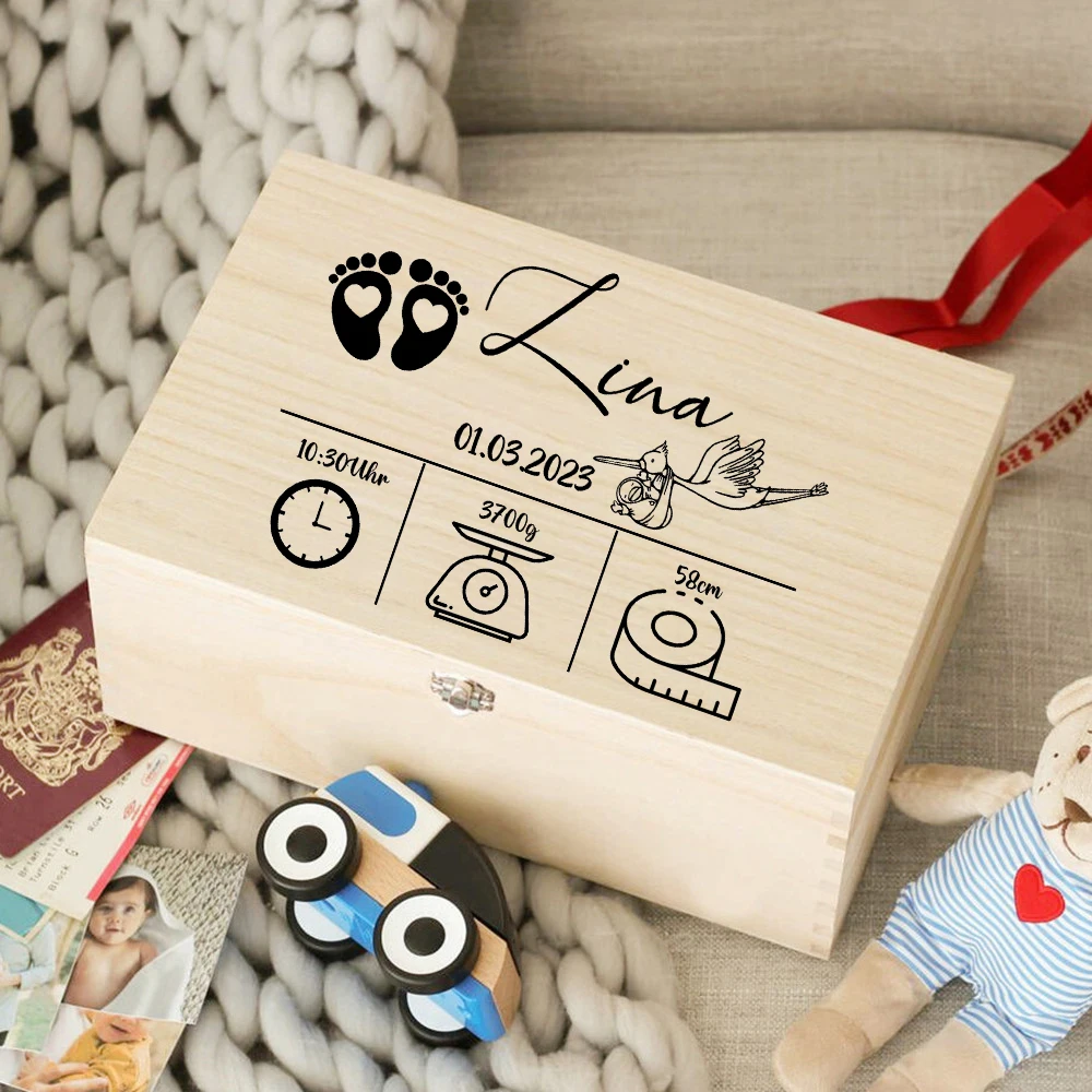 Boîte à mémoire de forme en bois personnalisée pour bébé cadeau de douche Newbron boîte à souvenirs statistiqu