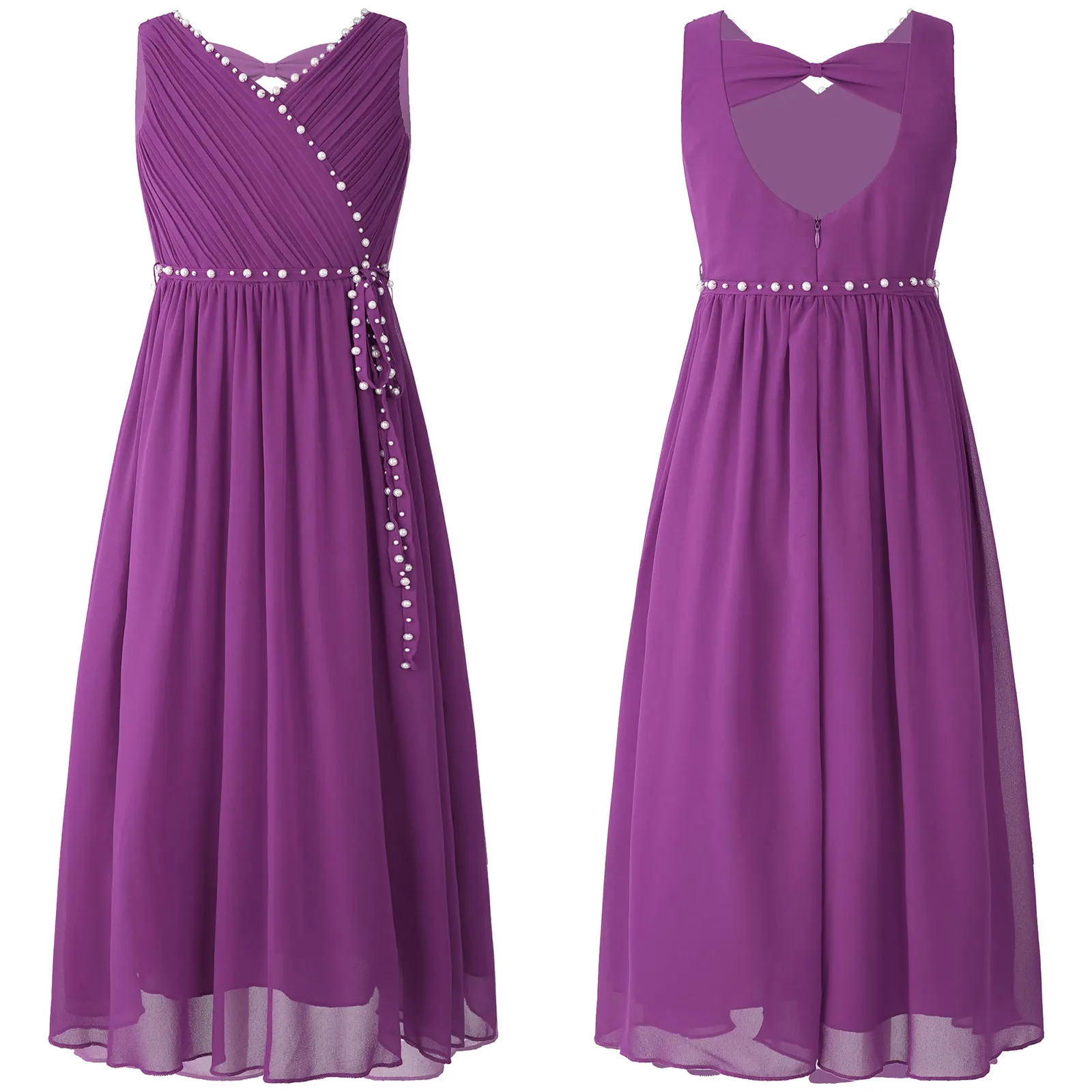 Robe de soiréeperlée pour filles robe maxi en mousseline de soie évidée froncée avec poignées ceinture amovibl
