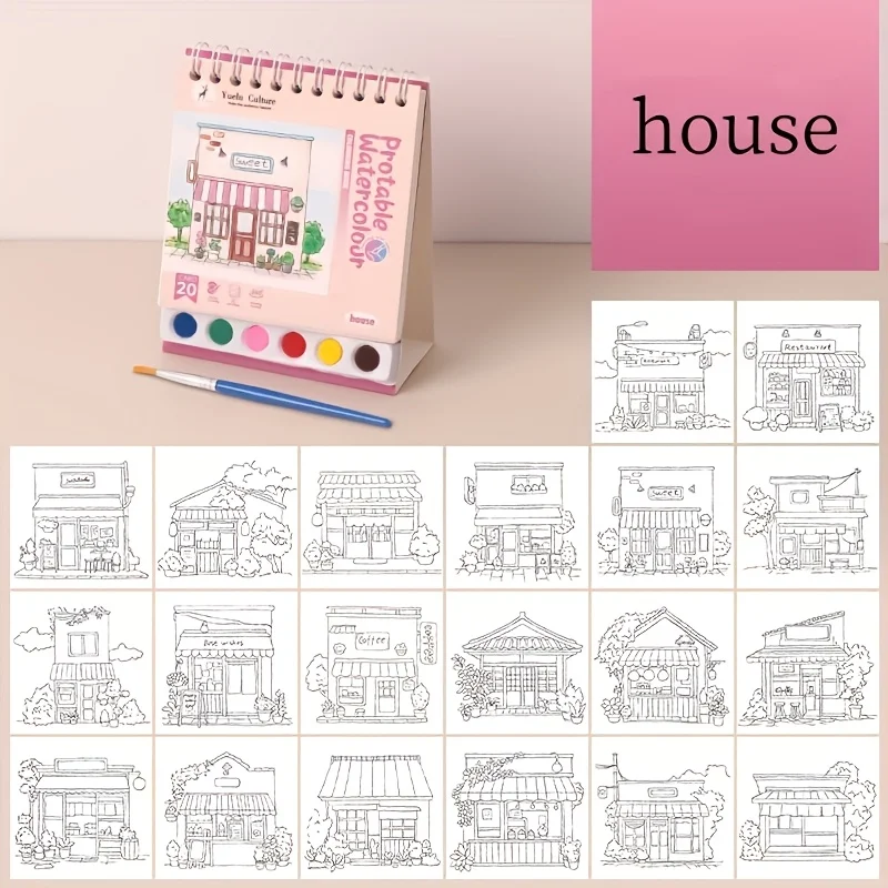 Sketchbook aquarelle portable en spirale avec 20 feuilles ensemble peinture et pinceau design maison coloré po