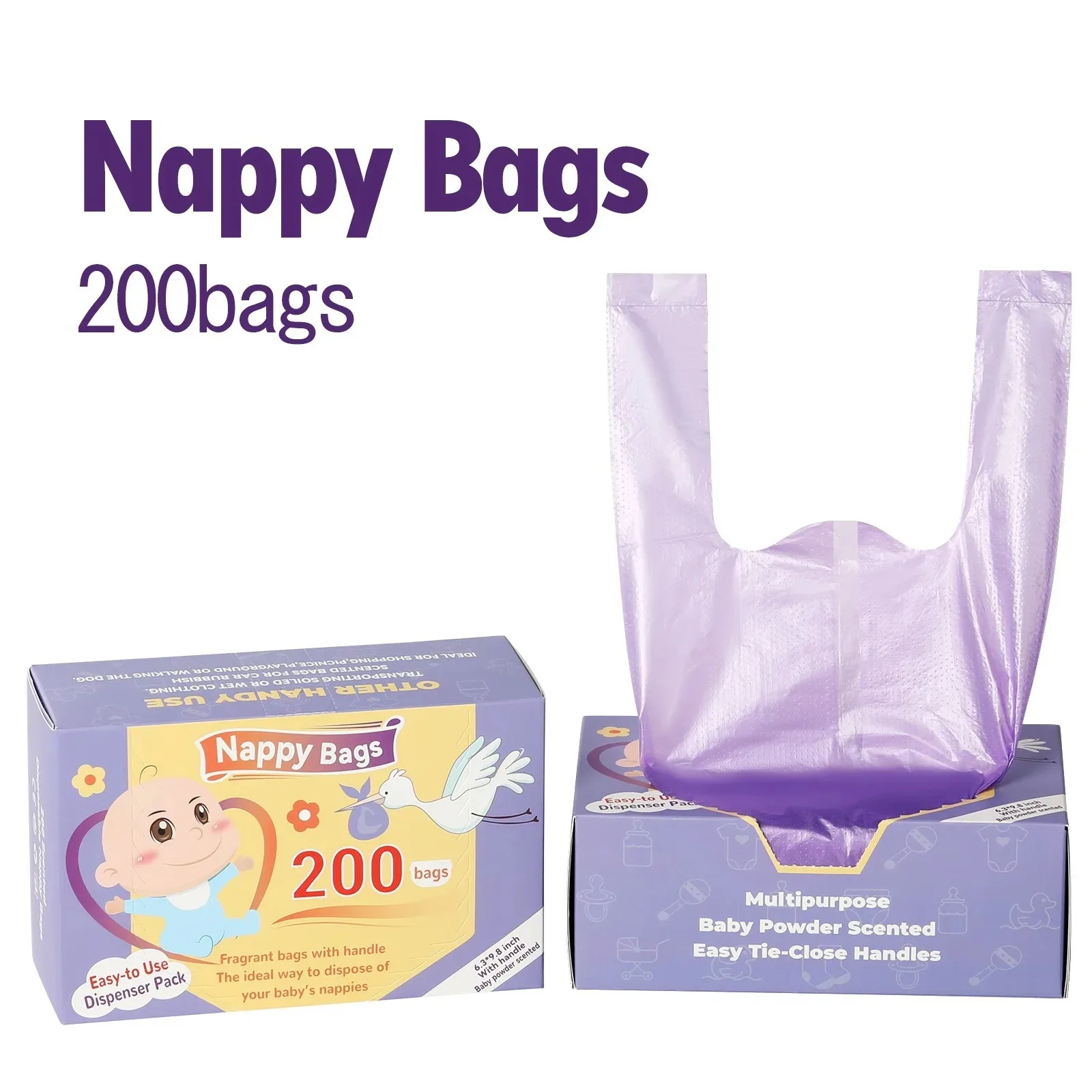 Sacs poubelles portables jetables pour couches bébé 200 pièces parfum poudre bébé usage quotidien hygiène prat