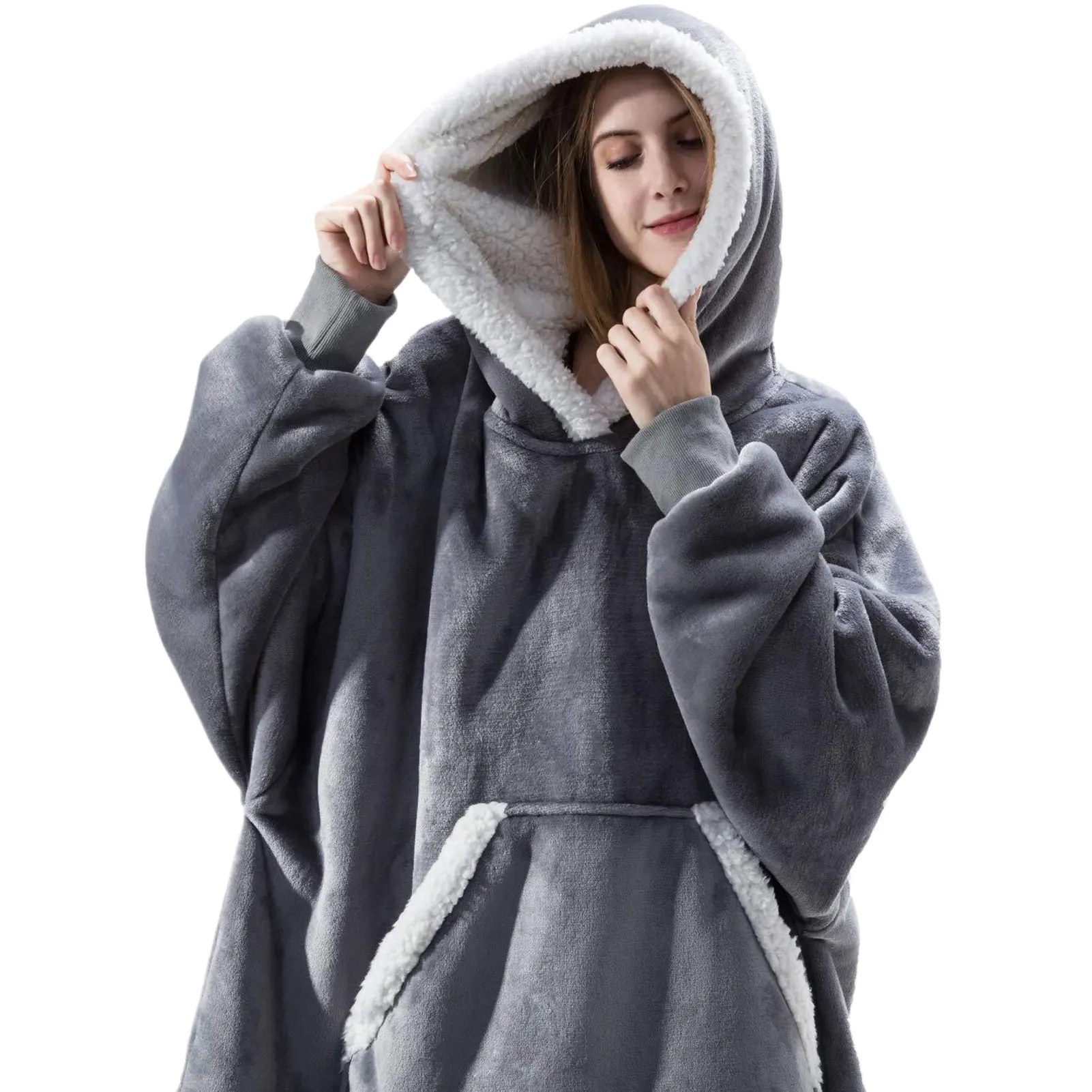 Poncho à capuche surdimensionné en polaire Sherpa doux confortable