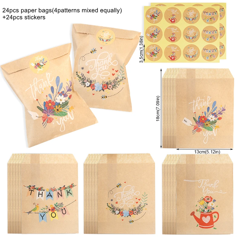 Ensemble de 24 sacs en papier Kraft fleuris remerciement cadeau fête anniversaire mariage occasion spéciale éc
