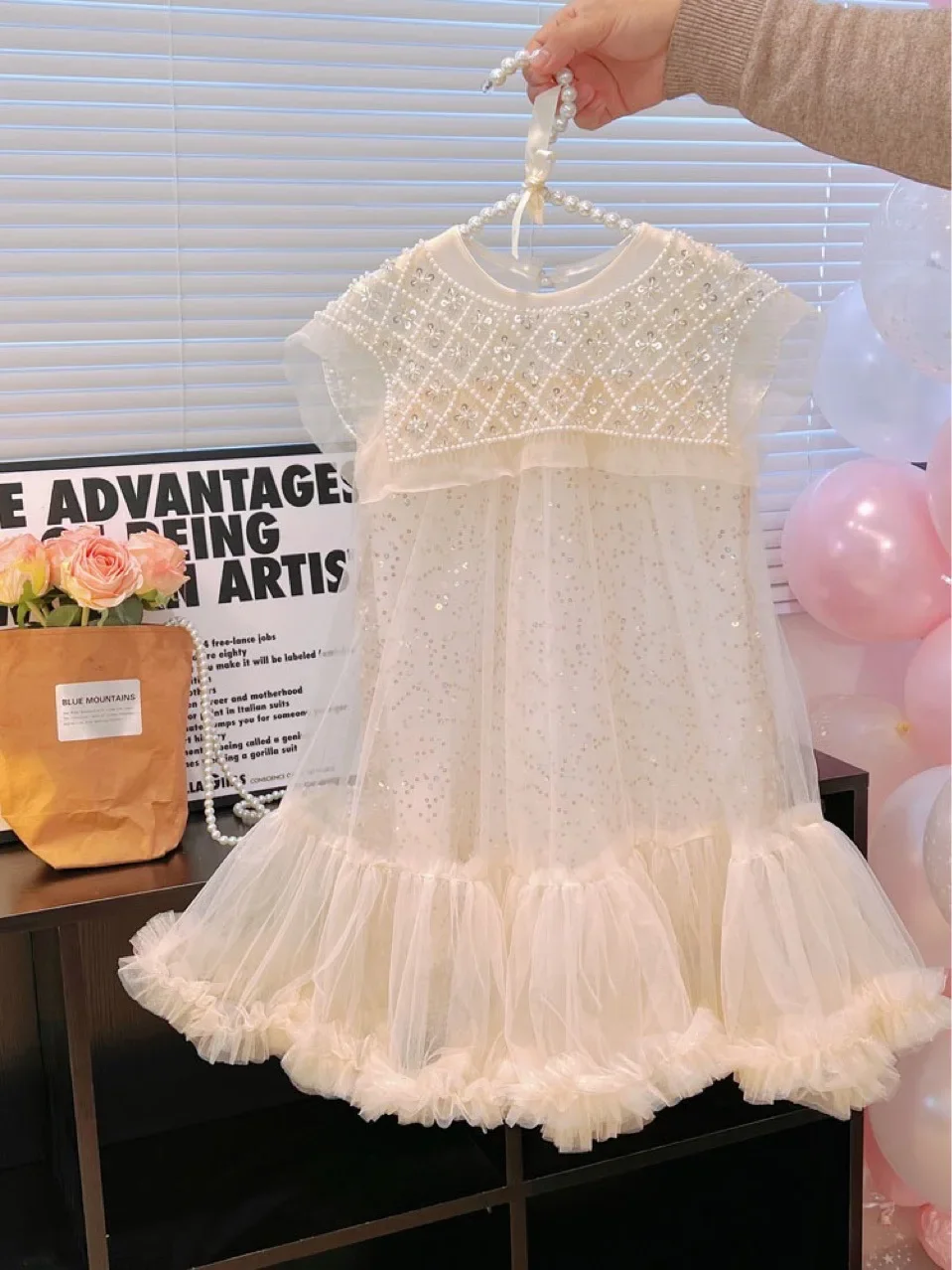 Robe princesse coréenne pour filles vêtement enfant robe longueur genou col perlé style romantique printemps é