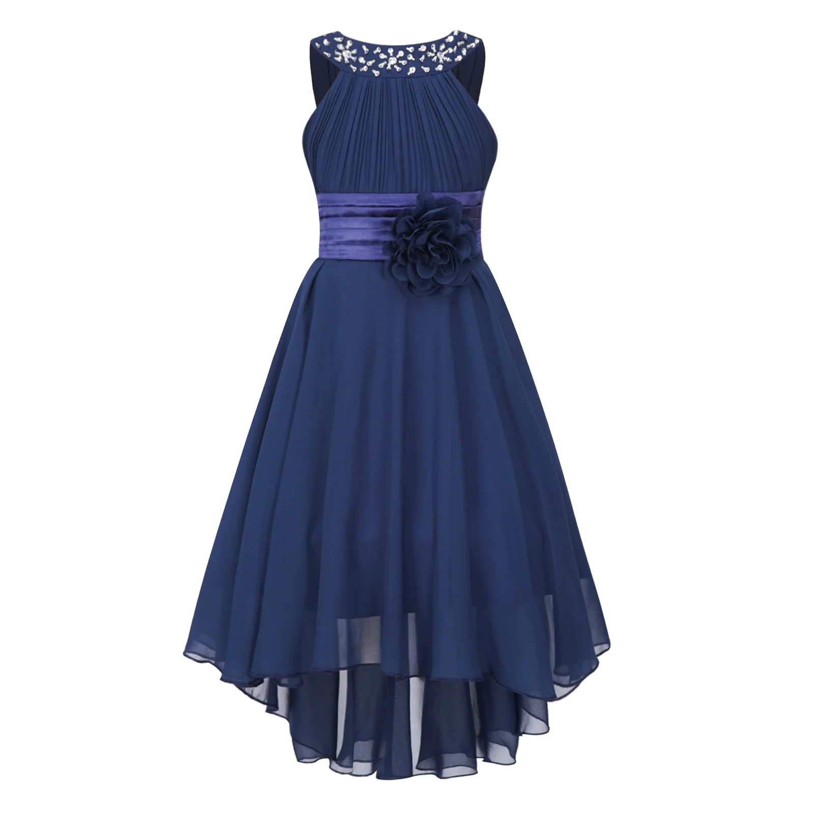 Robe de soirée pour filles sans manches froncéeperlée ourlet asymétrique en mousseline élégante pour mariage o