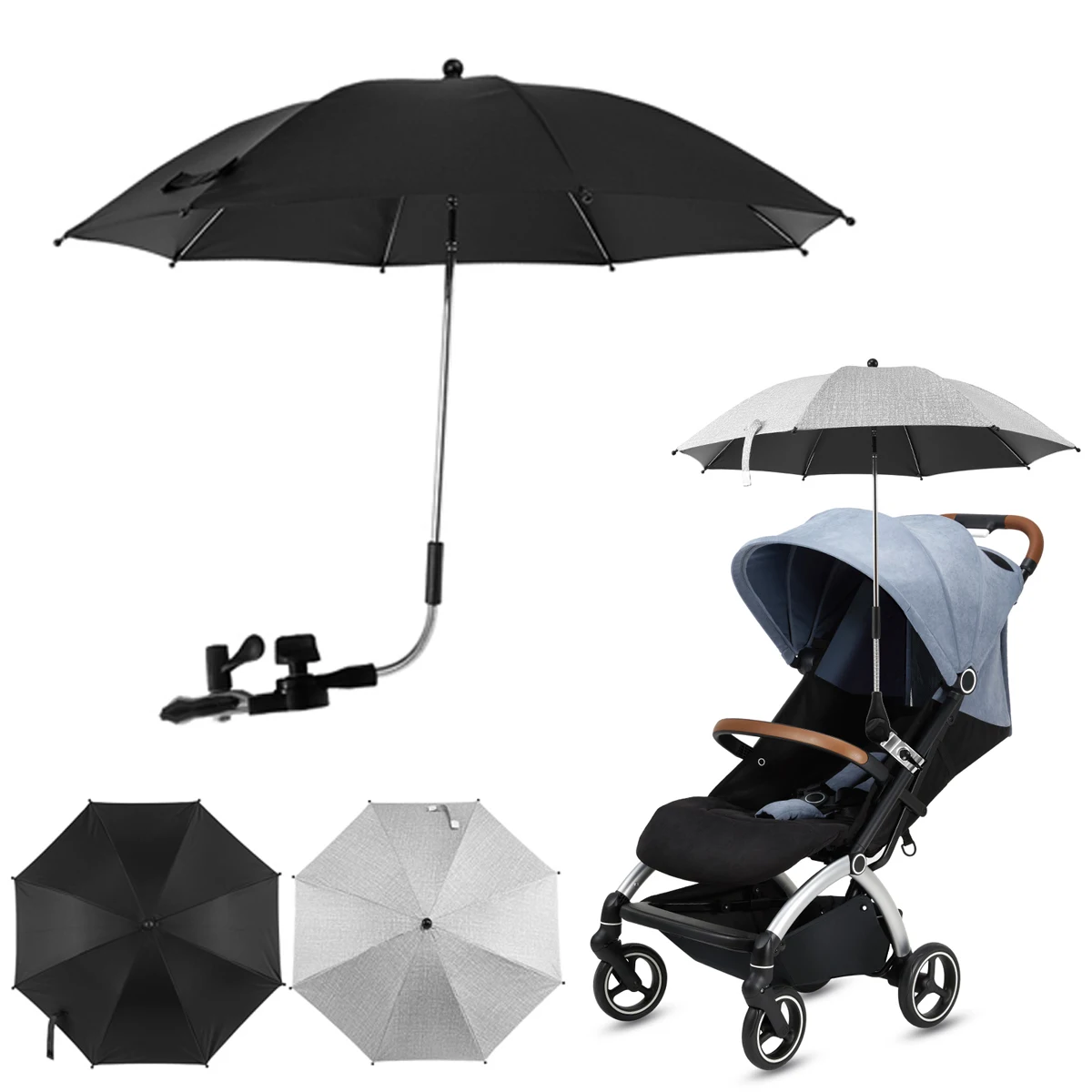 Paresoleil poussette plage Protection UV Parasol 360° réglable Pince résistante pluie vent bébé