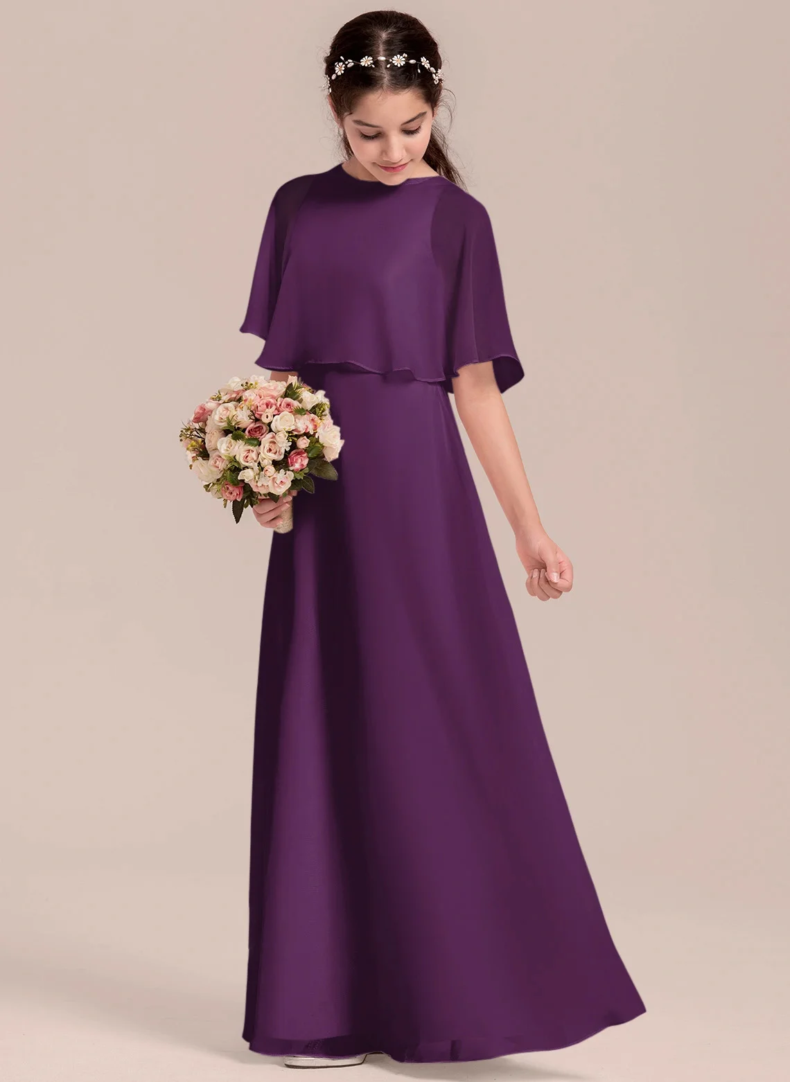 Robe de demoiselle d'honneur pour enfant fille robe longue trapèze couleur violet profond style élégant modern