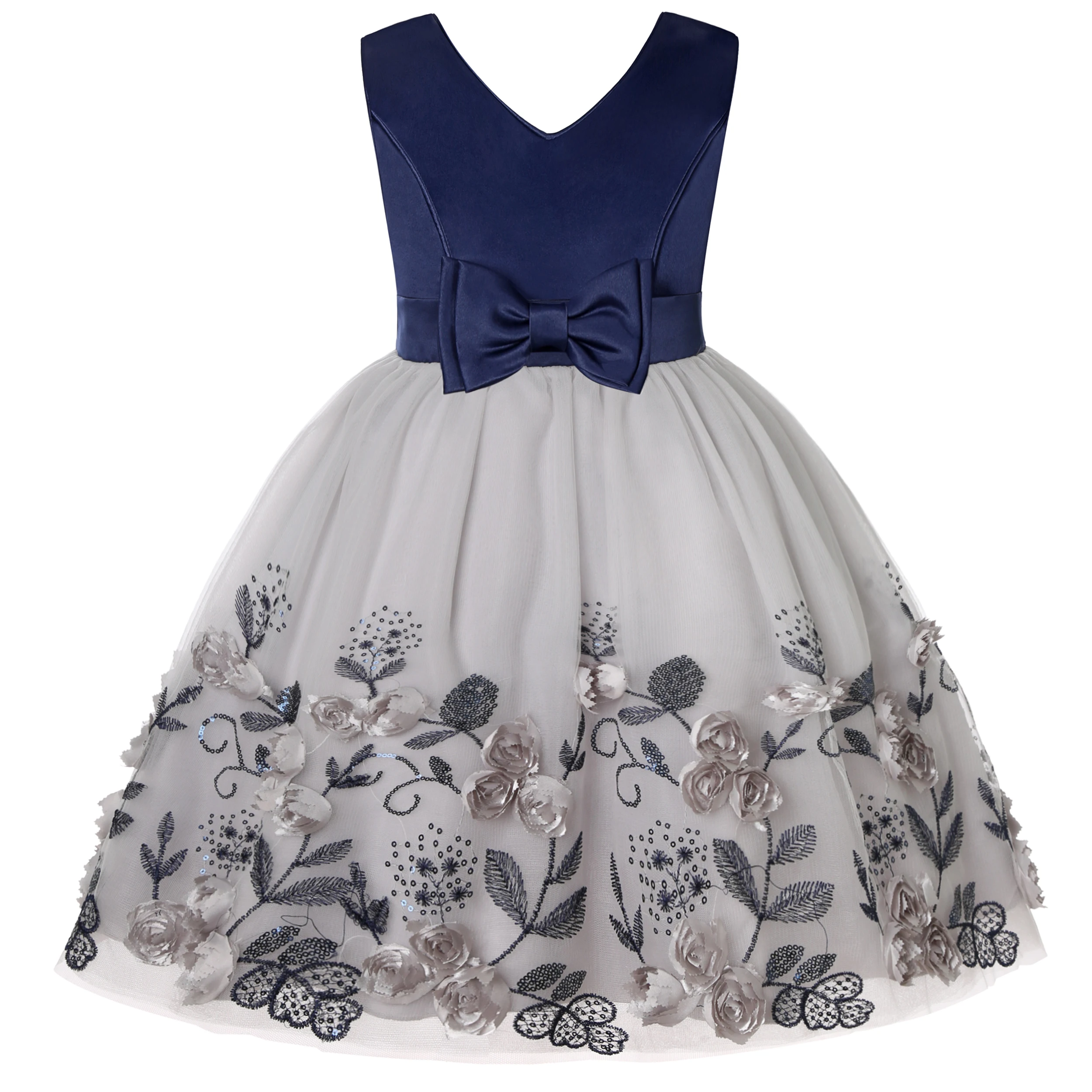 Robe de soirée princesse floral pour filles Élégante scintillante Fête d'anniversaire mariage Navy Blue