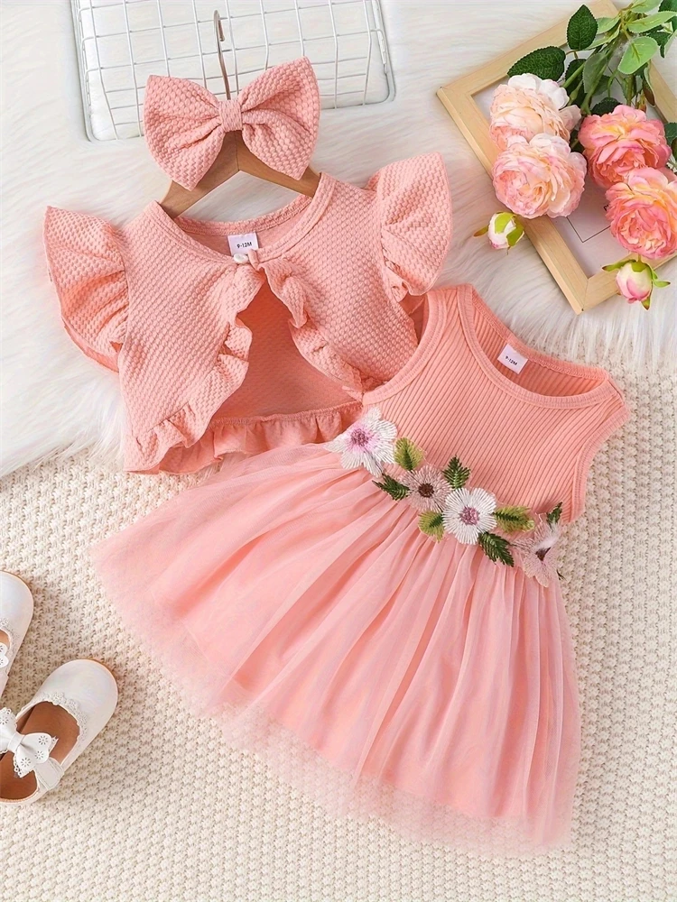 Robe d'été pour nouveauné fille ensemble haut et jupe dentelle motifs fleurs sans manches 01 ans rose pastel