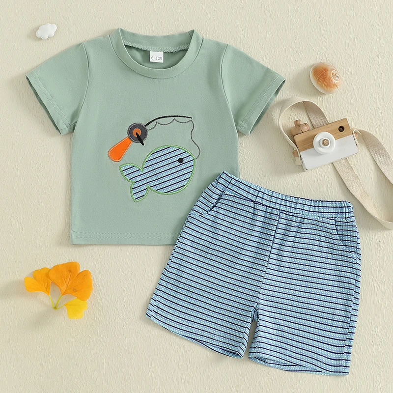 Ensemble de vêtements pour bébé garçon tshirt à broderie de poisson short rayé été 612 mois coton spandex conf