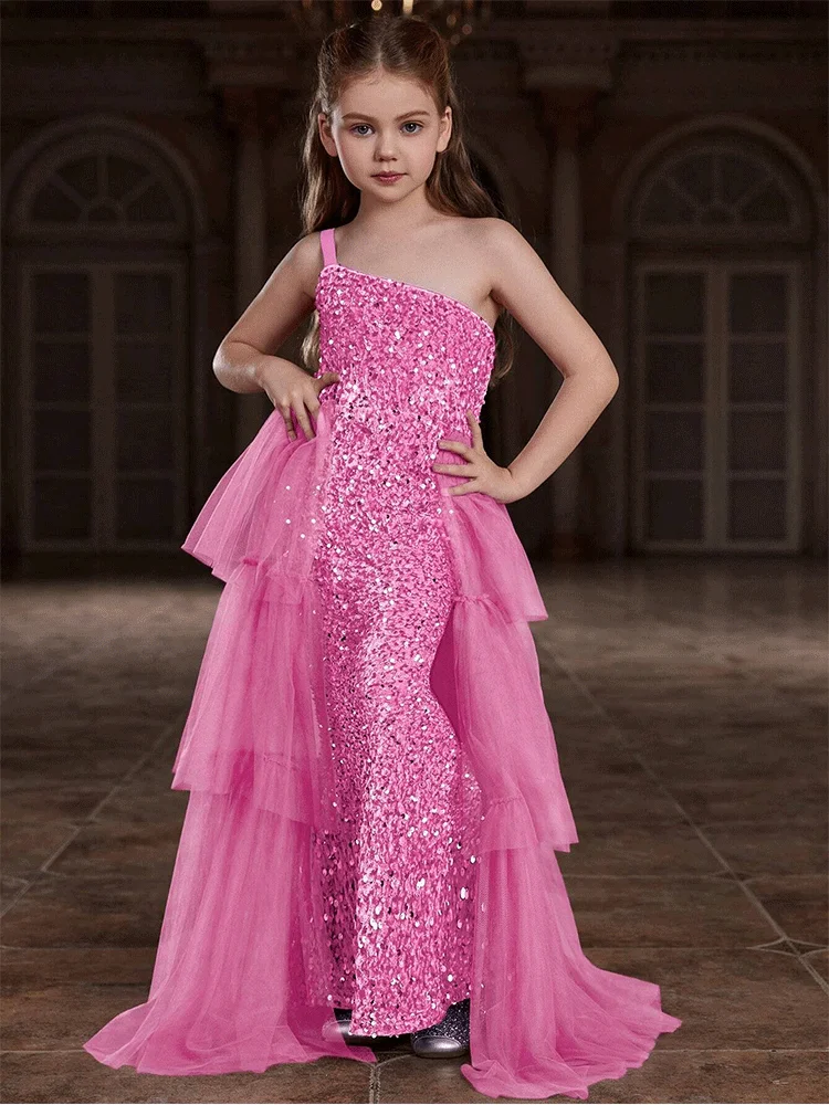 Robe de soirée pour enfant en tulle et sequins robe de fête d'anniversaire mariage bal style glamour rose vif 