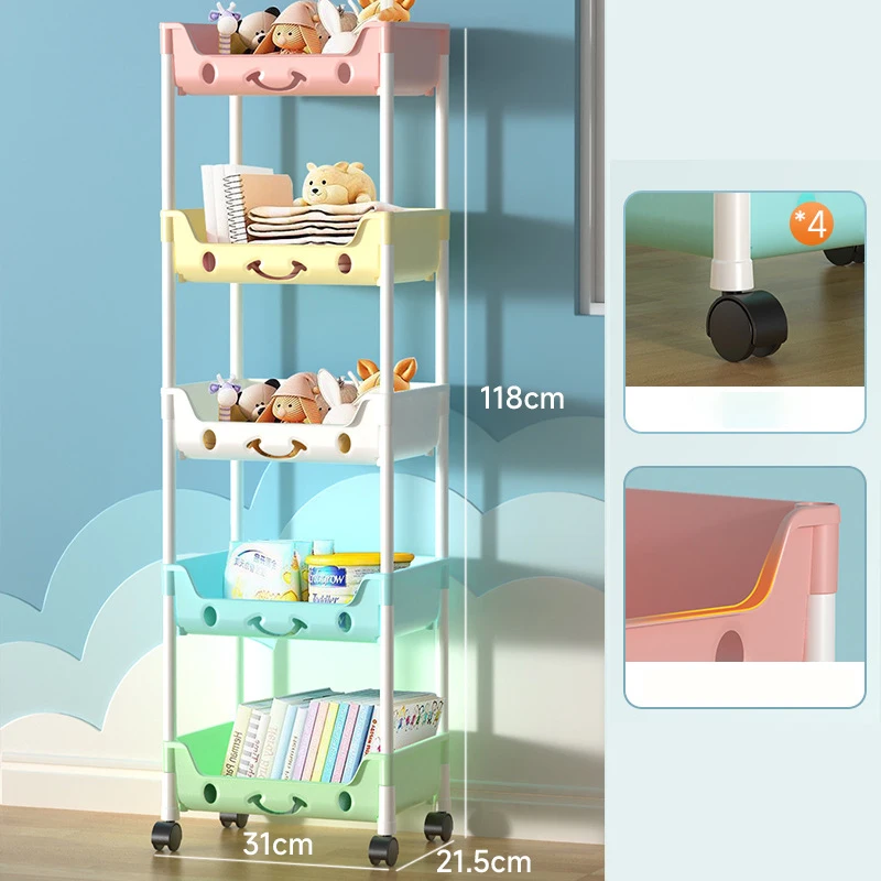 Étagère à jouets pour enfants rangement 5 étages tiroirs colorés design souriant roulettes idéal chambre bébé