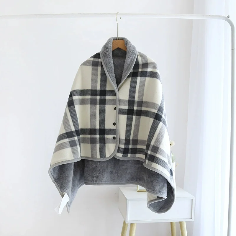Couverture polaire bébé poncho portable à carreaux confortable avec boutons pour lit canapé bureau Gris et crè