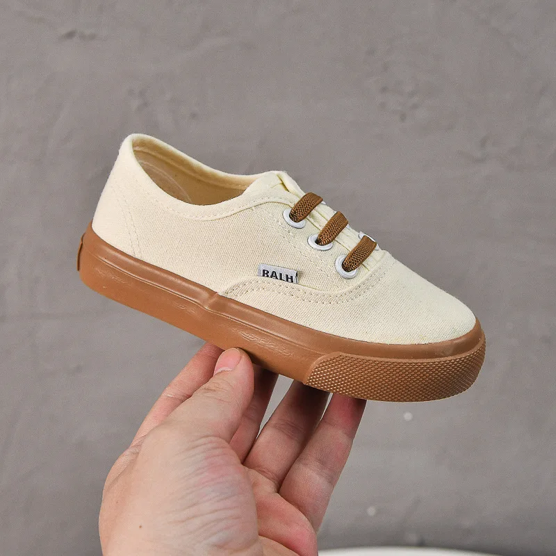 Chaussures enfants RAIH mode décontractée basket toile beige caoutchouc antiglissante lacets marron logo enfan