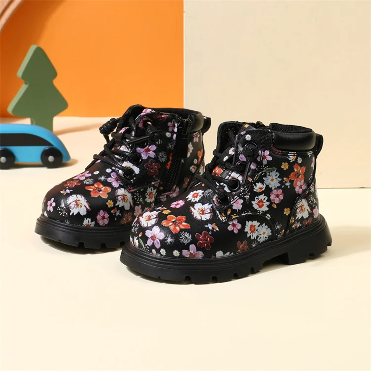 Bottines en cuir floral antiglisse pour bébé fille semelle caoutchouc