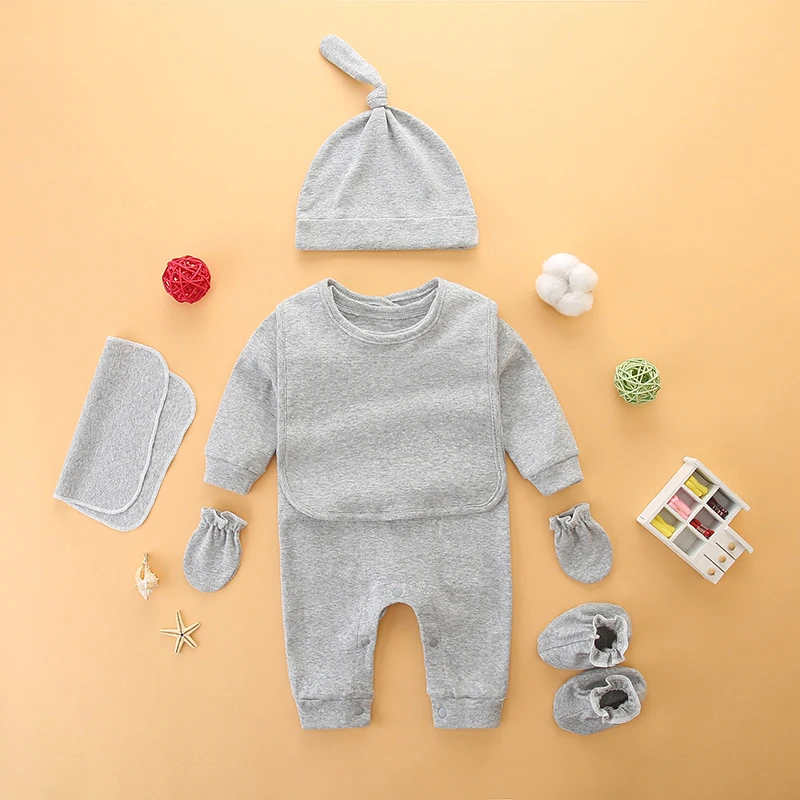 Ensemble vêtements nouveauné coton pur cadeau pleine lune bonnet nœud gants chaussons tablier gris doux bouton