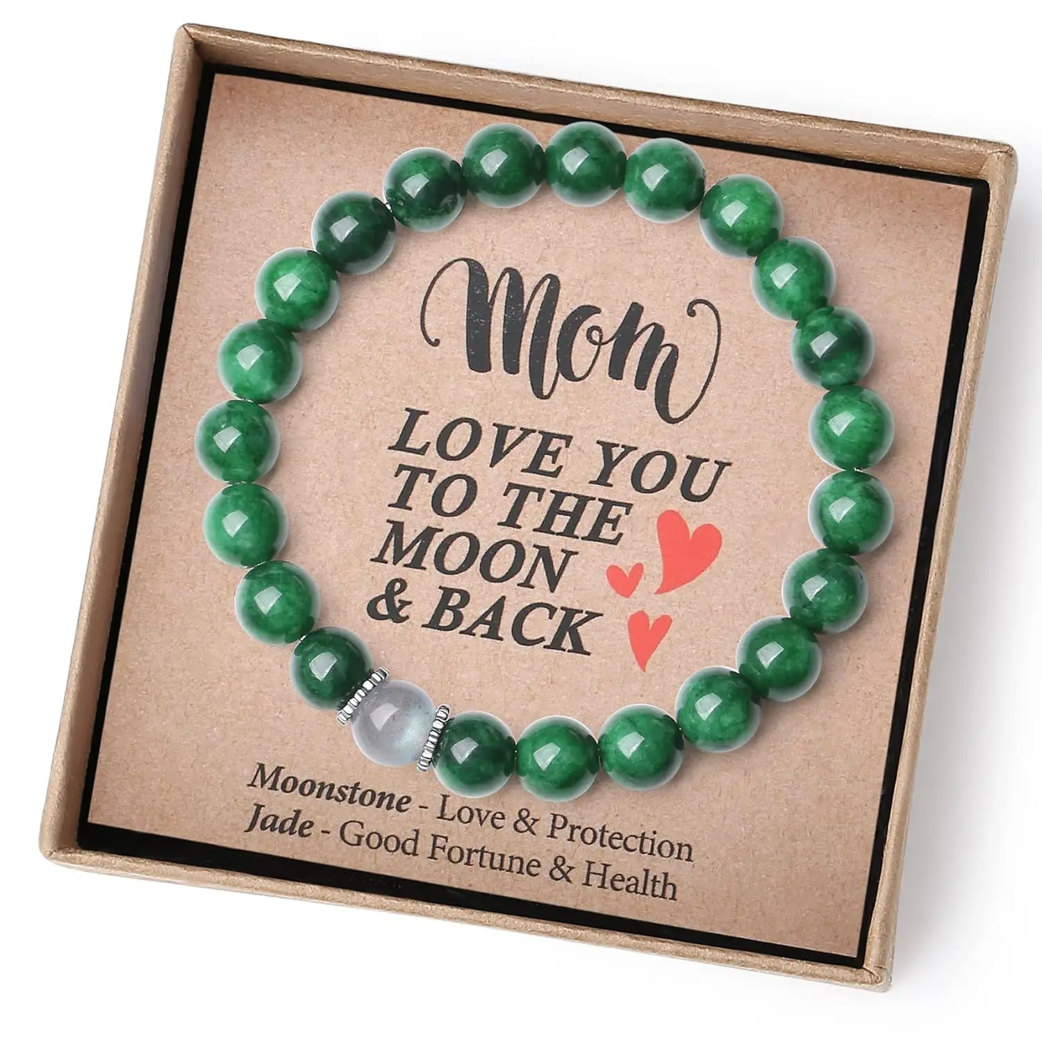 Bracelet en pierre de lune et jade cadeau maman anniversaire fille fils bijou élégant message amour protection