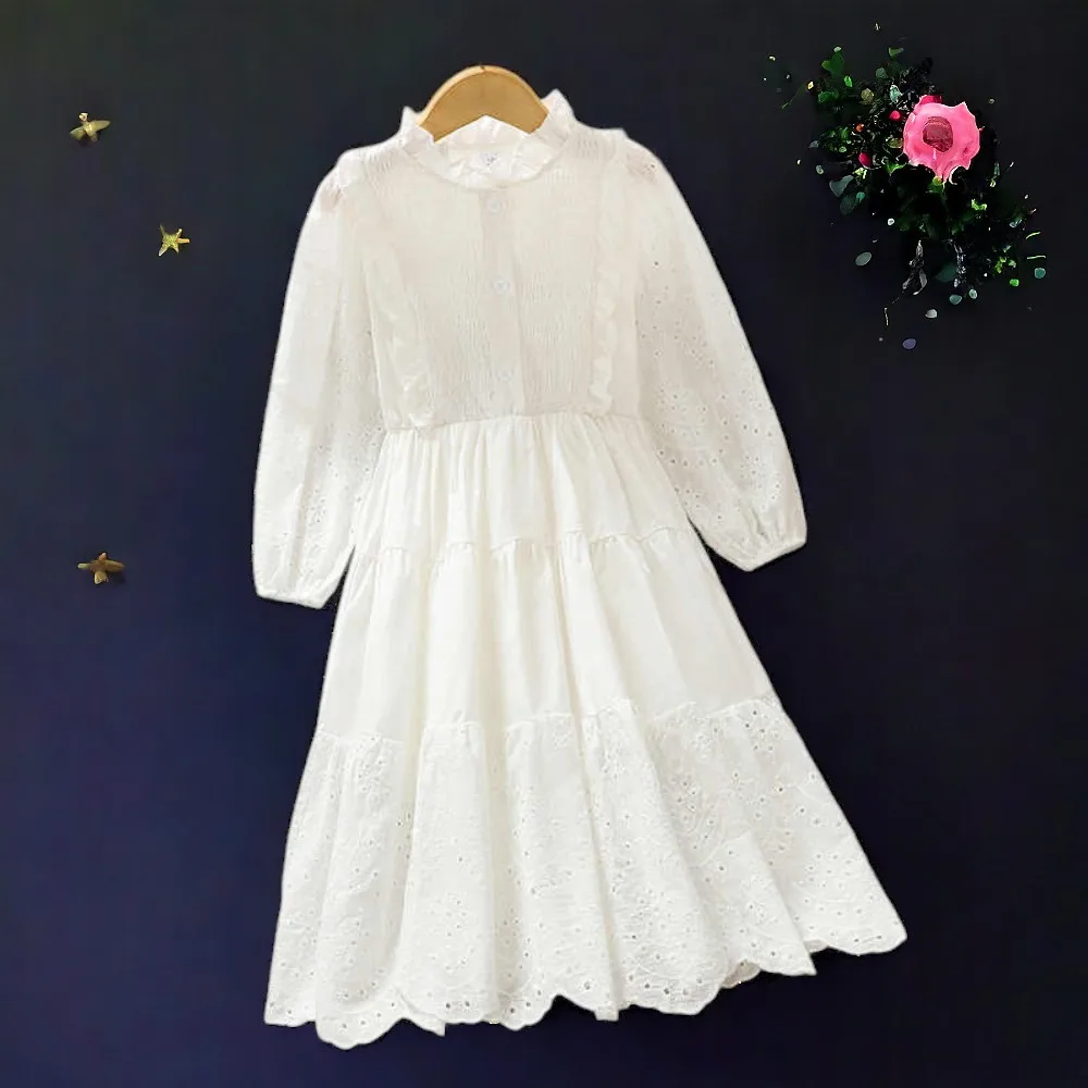 Robe princesse blanche fille occasion spéciale robe maxi manches longues coton broderies enfants 48 ans style 