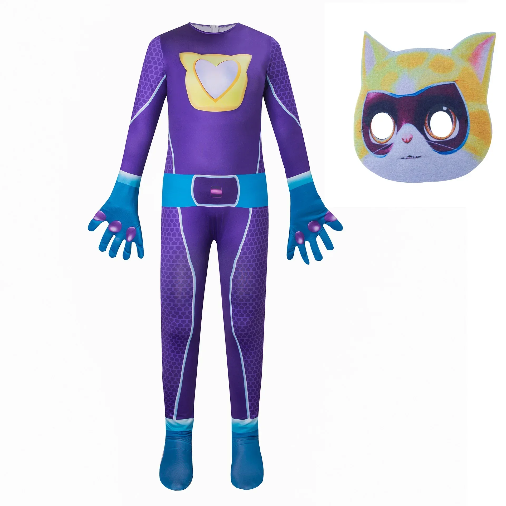 Costume superhéros chatons enfant déguisement Halloween costume une pièce à masque violet pour fille et garçon