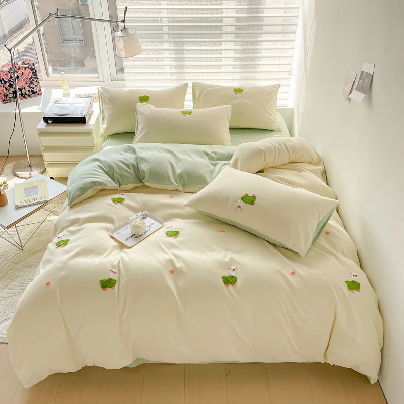 Ensemble de draps de lit floral brodé pour enfant housse de couette taie d'oreiller linge de lit doux coton st