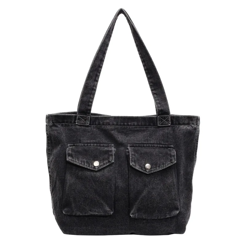 Sac fourretout en denim polyvalent pour usage quotidien style décontracté grande capacité noir femme sac à ban