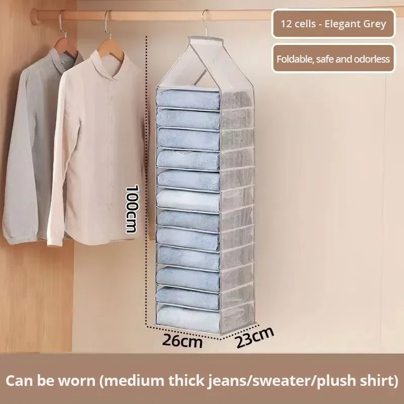 Organisateur de placard suspendu 12 compartiments tissu gris pliable pour rangement vêtements bébé et famille 