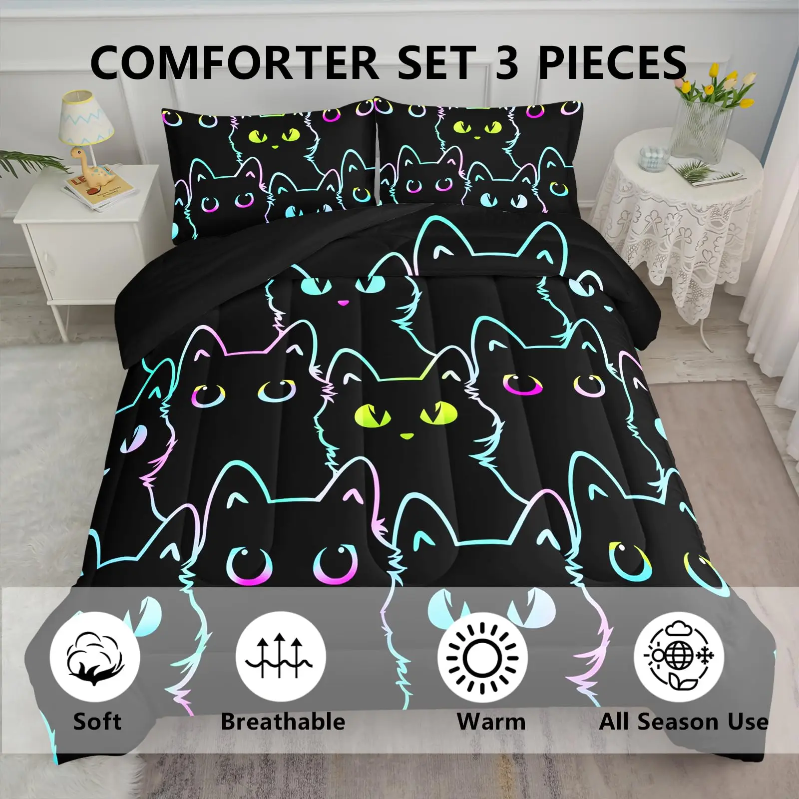 Ensemble de litière double design chat mignon couette et taies d'oreiller motifs cartoon colorés chambre ado e