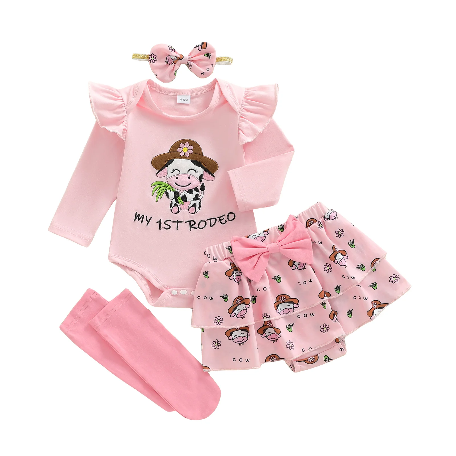 Ensemble bébé fille vache broderie manches longues body jupe nœud