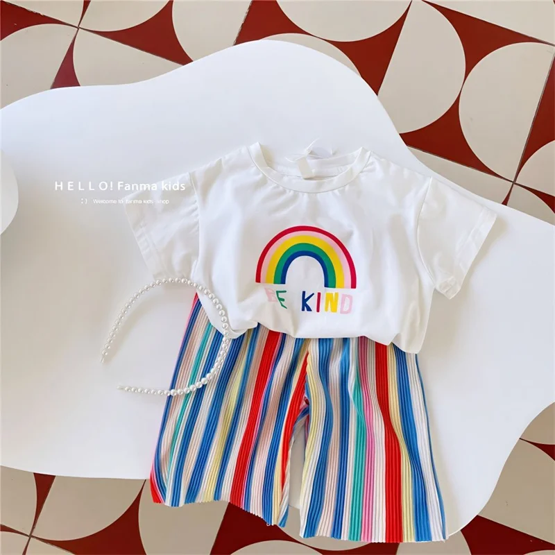 Ensemble 2 pièces bébé fille tshirt manches courtes short rayé arcenciel mode été tenue décontractée FANMA KID
