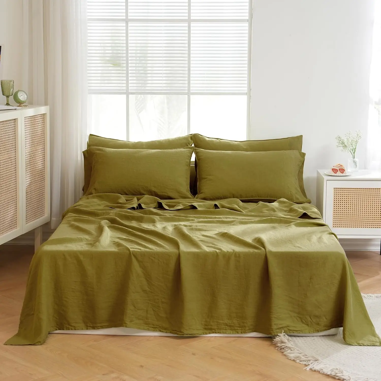 Ensemble draps en lin 100% olive green 3 pièces drap plat taies oreiller style minimaliste moderne respirant p