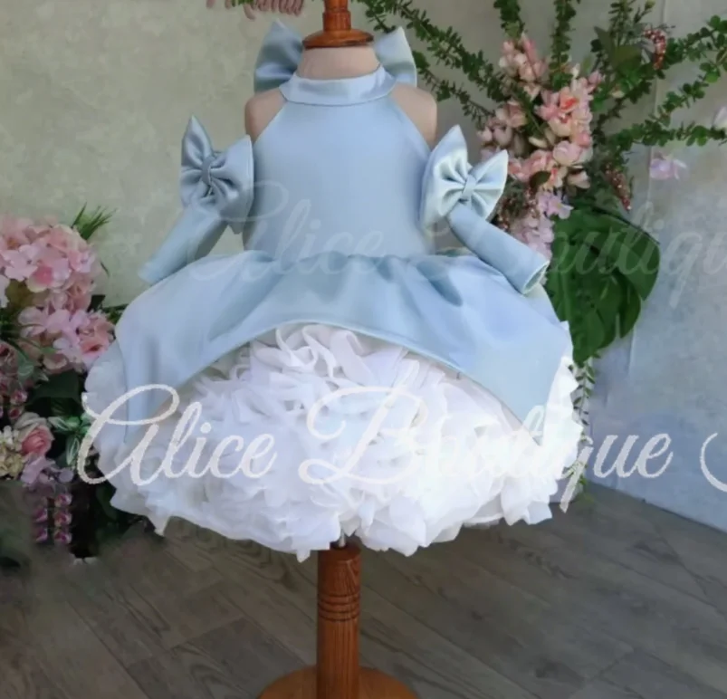 Robe demoiselle d'honneur enfant occasion spéciale tulle satin nœuds épaules dénudées fêtes anniversaire maria