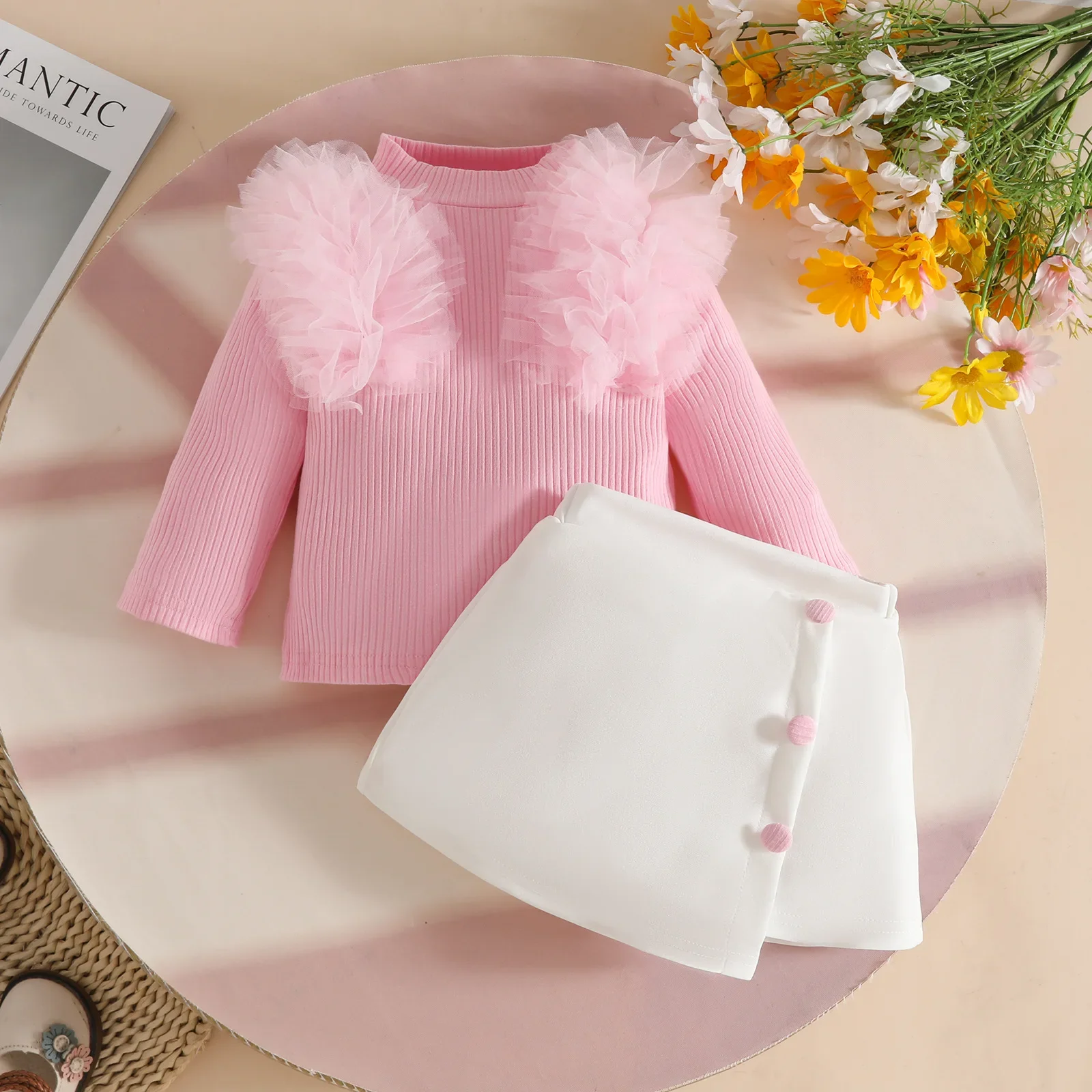 Ensemble bébé fille 2 pièces manches longues jupe asymétrique rose pastel blanc tissu coton polyester doux mod