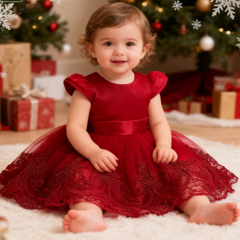 Robe de fête Noël bébé princesse brodée fleurs baptême 1er anniversaire