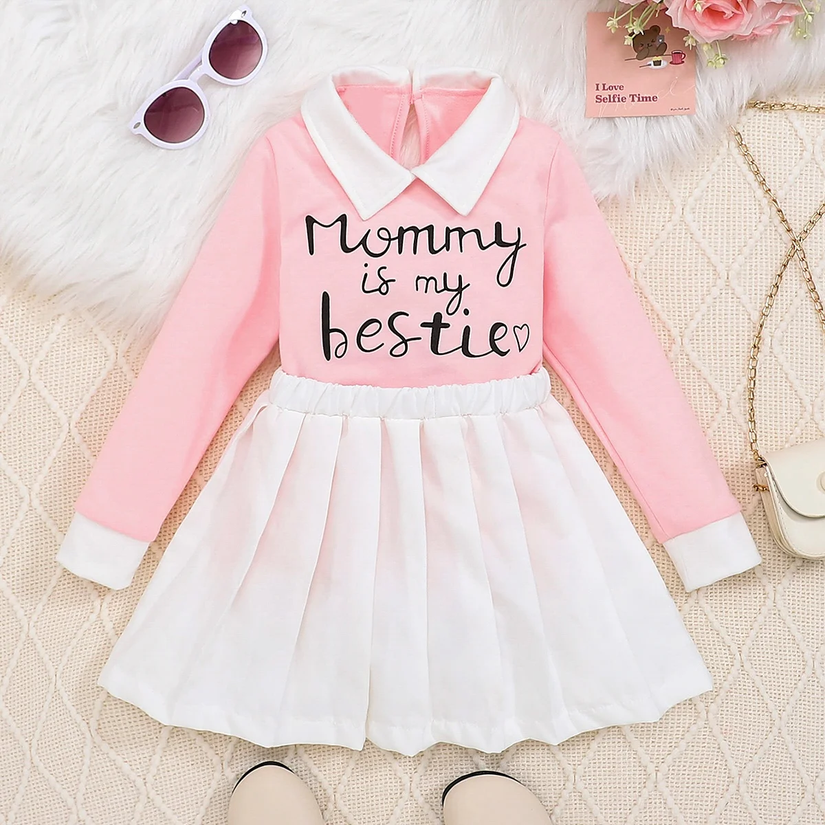Robe princesse bébé fille col bloc couleur manches longues jupe gored rose blanc contraste style poupée robe l