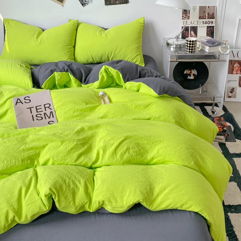 Parure de lit moderne en polyester drap housse couette et taie d'oreiller vert fluo style audacieux linge de l