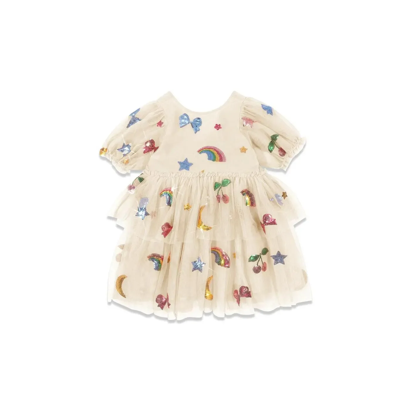 Robe d'été pour filles collection danoise style princesse nœud et paillettes motifs colorés tissu tulle ajuste