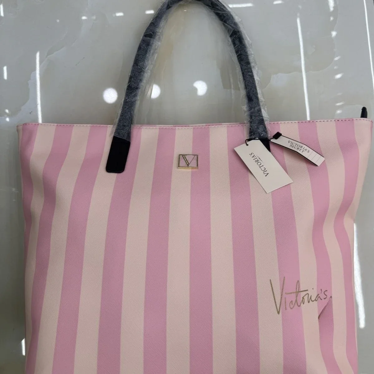 Sac Victoria's Secret tote bag style rayures rose beige usage quotidien sac à dos bébé voyage léger idéal pous