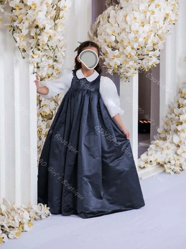 Robe de première communion classique pour filles manches ballon taffetas floral robe longue style romantique N