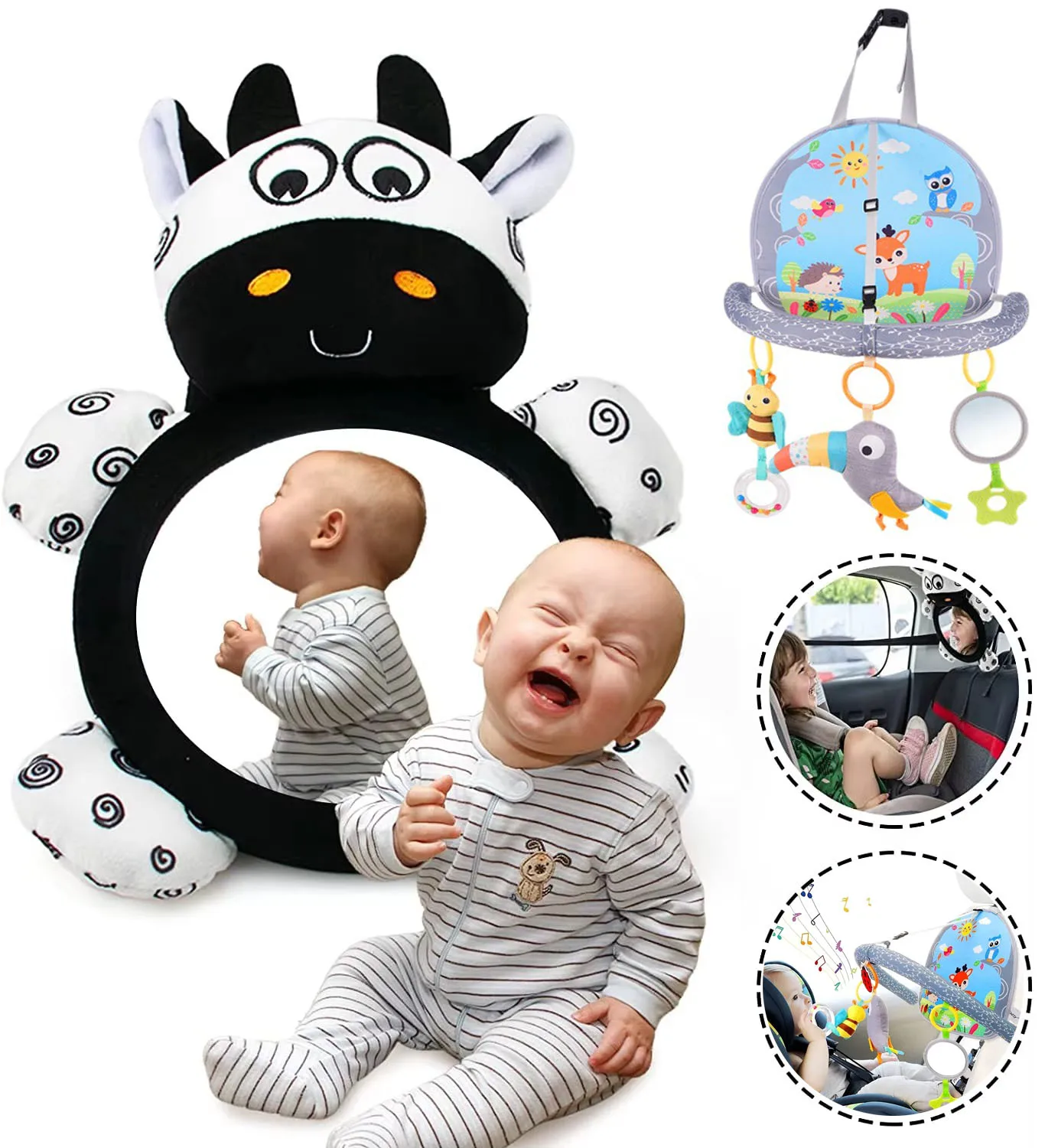 Jouets de siège de voiture pour bébé de 0 mois et plus miroir arrière mentaires oriel grinçant hochet doux cen