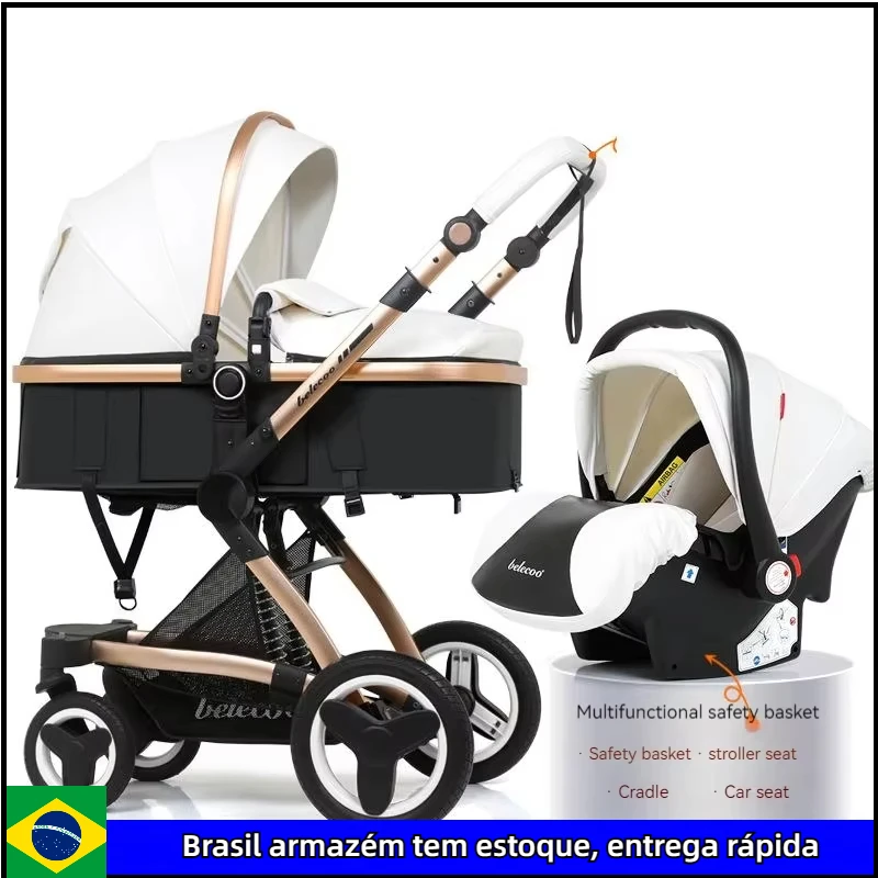 Poussette 3 en 1 bébé luxe aluminium tissu PU blanc doré siège auto bassinet 2025 bebeconfort