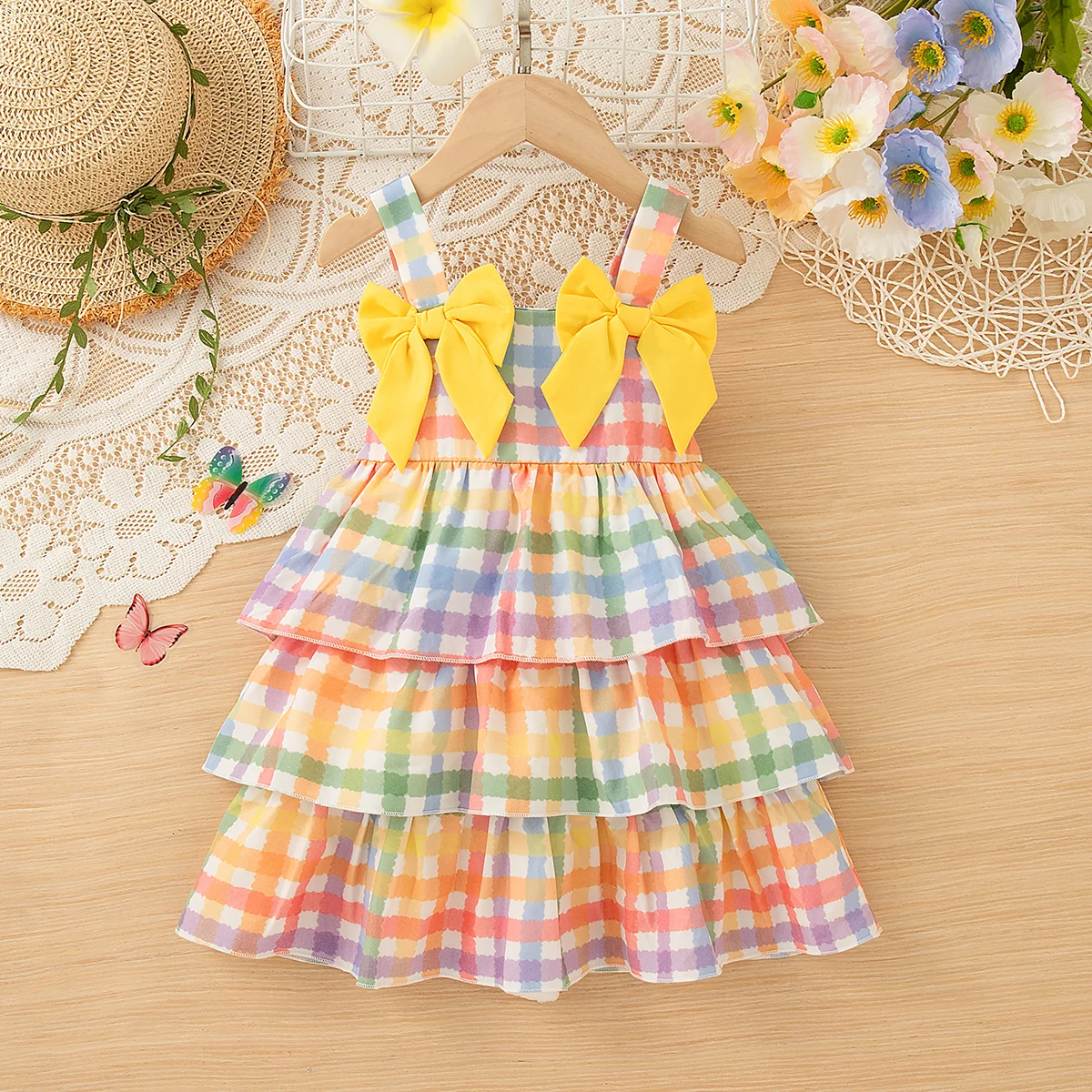 Robe d'été pour bébé fille motif carreaux multicolore écharpe à nœud jaune 12 ans tissu léger cotonpolyester
