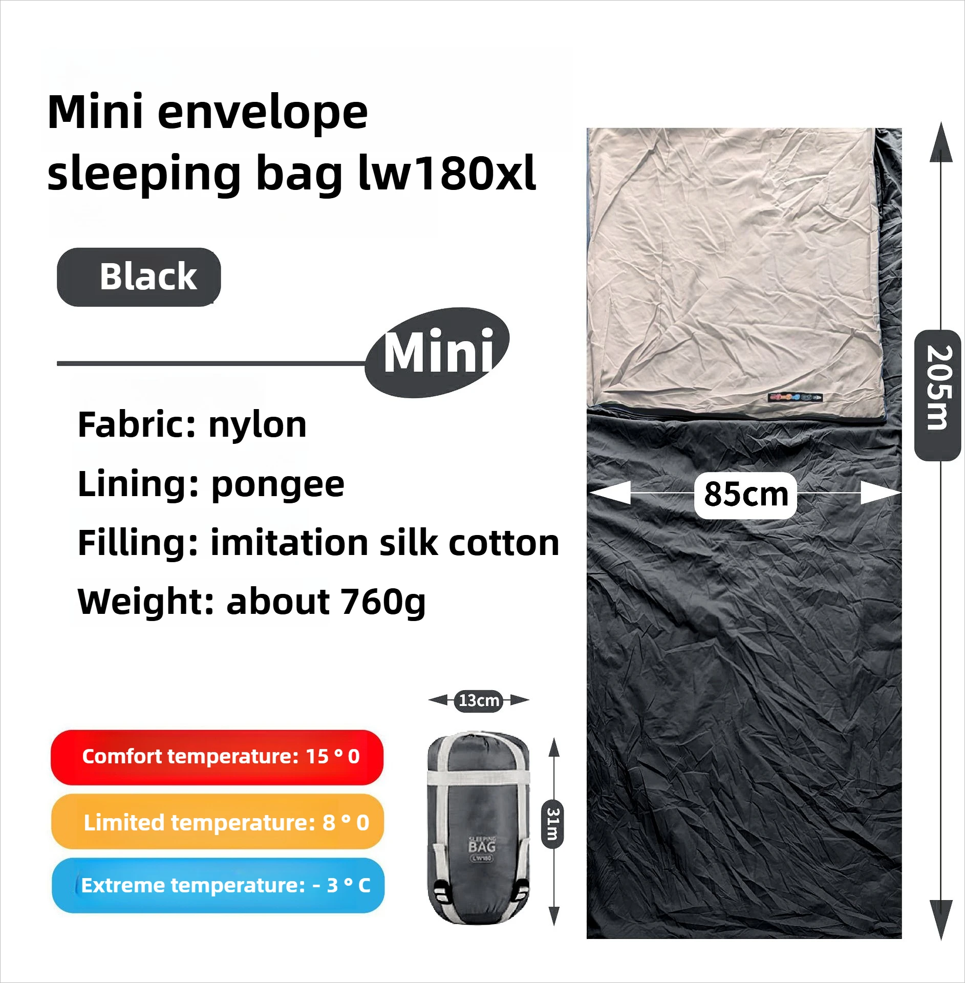 Sac de couchage adulte en nylon et polyester camping randonnée isolant 15°C sac de rangement incl. noir
