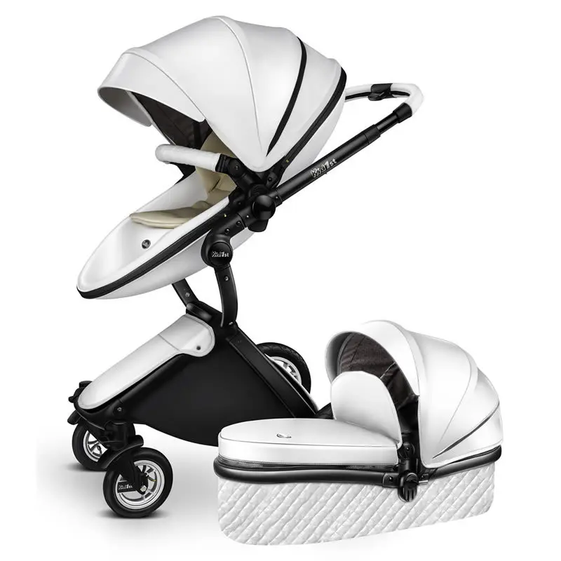 Poussette bébé 2 en 1 en cuir PU de luxe bonne qualité pour nouveauné White 2 in 1
