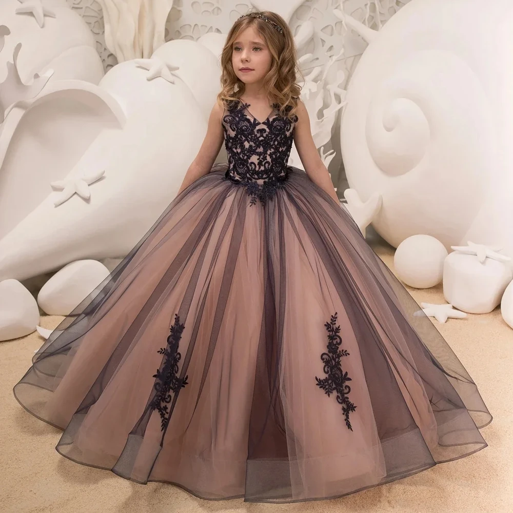 Robe longue en tulle et dentelle pour fille tenue de soirée élégante col en V motif floral pour mariage annive