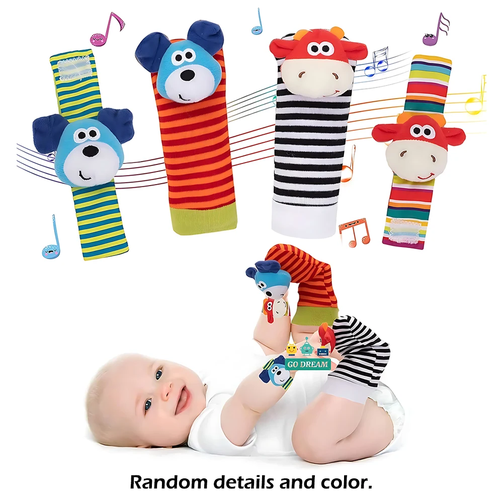 Hochet bébé 024 mois 4 pièces animaux peluche poignet pieds éveil cadeau nouveauné
