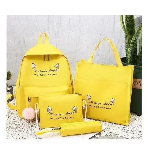 Ensemble 4 pièces sacs école sac à dos étudiant style chat jaune polyester polyvalent pratique