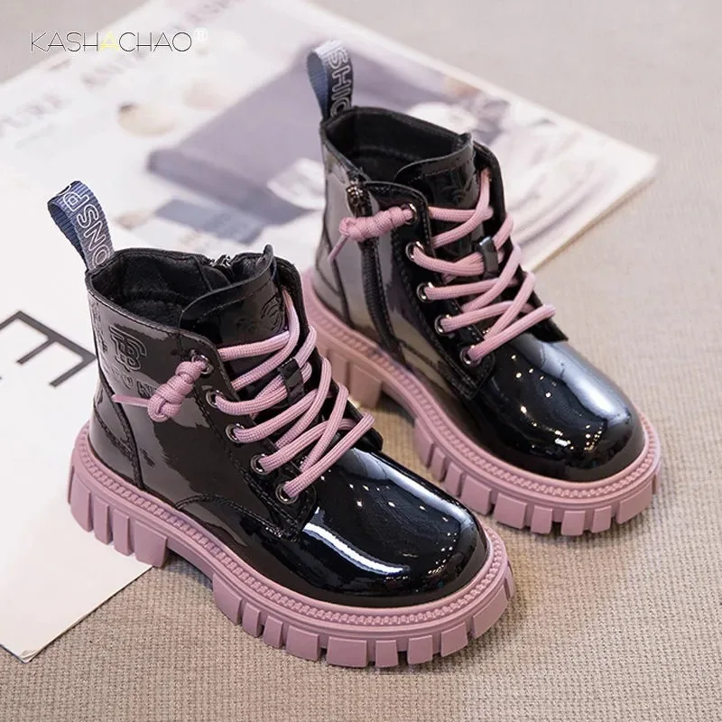 Bottes de neige Kashy Chao pour enfants style urbain cuir synthétique lacets roses semelle épaisse usage quoti