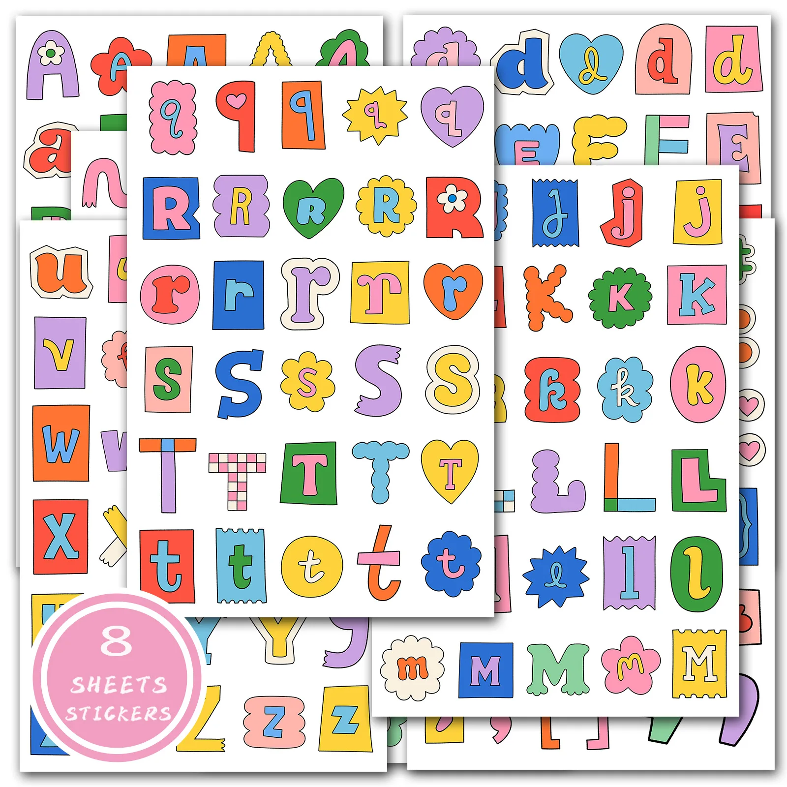 Étiquettes autocollantes alphabet décoratives 8 feuilles couleurs vives motifs variés pour scrapbooking arts c