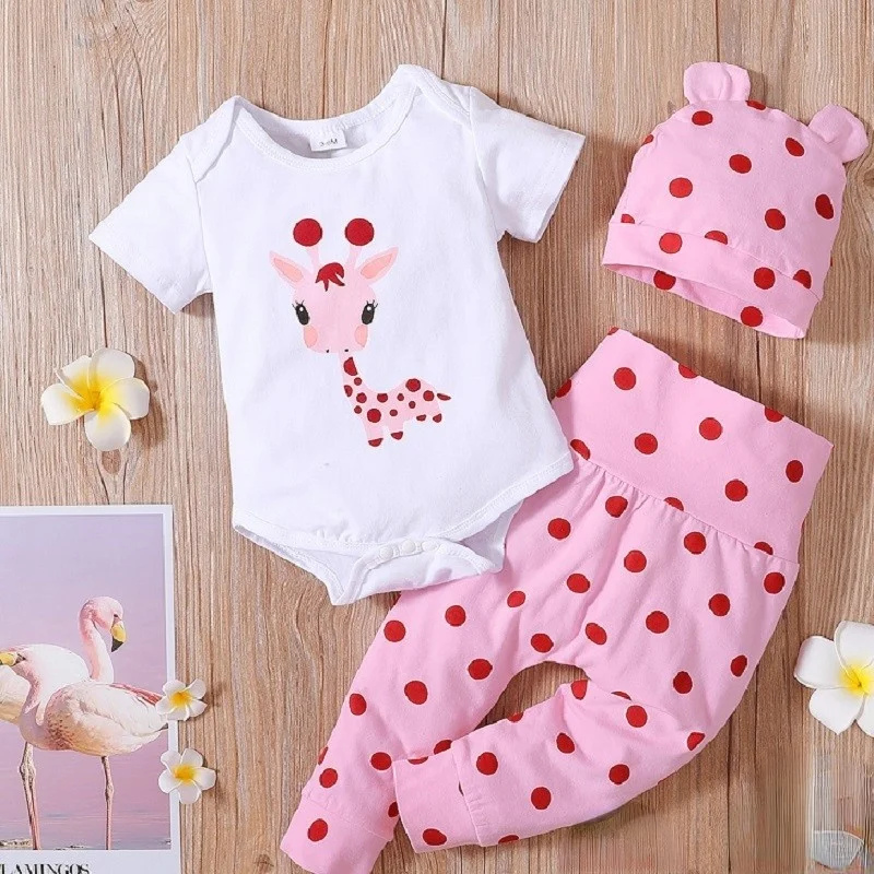 Ensemble 3 pièces unisexe nouveauné printempsautomne coton girafe pois body pantalon bonnet 03 mois doux confo